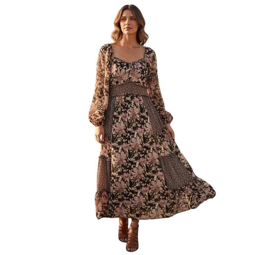 NWT Boheme Floral Smocked Tiered Long Sleeve Dress S | Boho Cottagecore Style